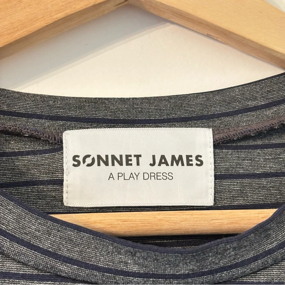 SONNET JAMES Reese Striped Play Midi Dress in Charcoal Gray Size XS